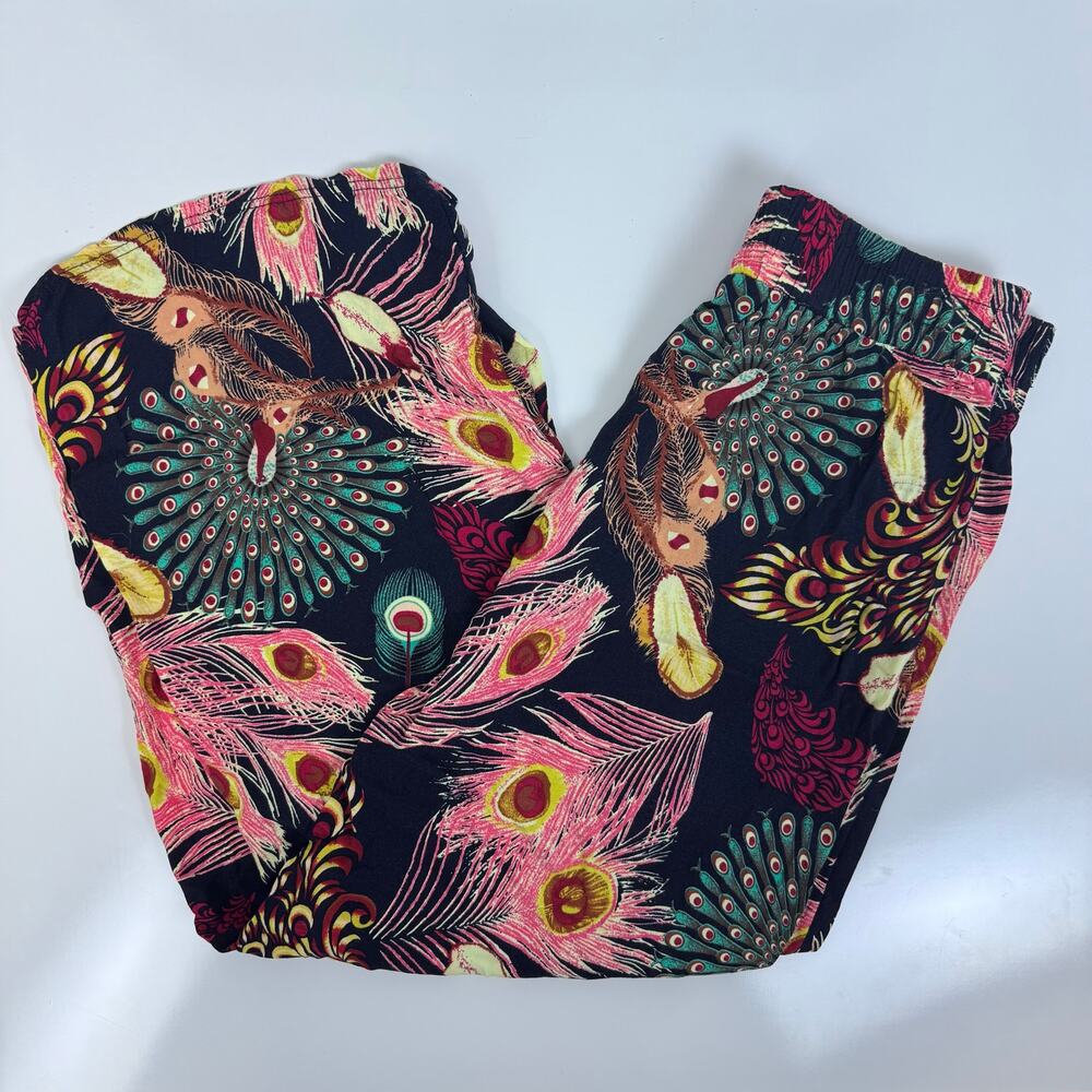 Boho Peacock Elastic Waist Crop Lounge Pants Black Pink Green